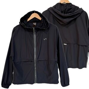 TLF Hooded Windbreaker Womens Size M Black Reflective Sporty Running Zip Jacket